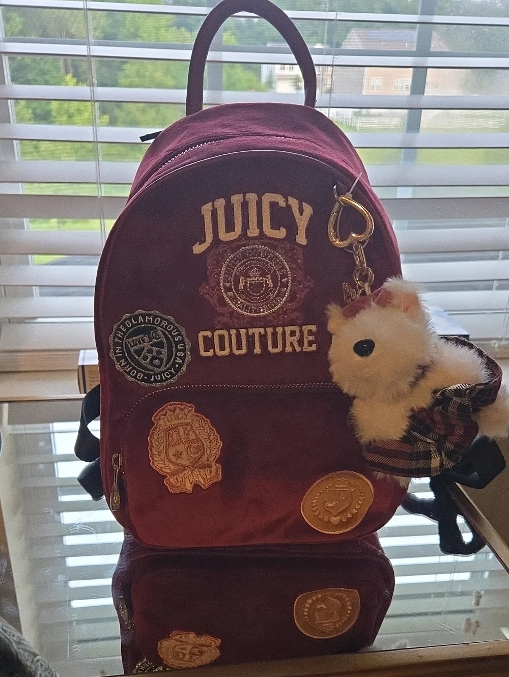 Juicy Couture Burgundy Velvet Backpack with Plush Keychain